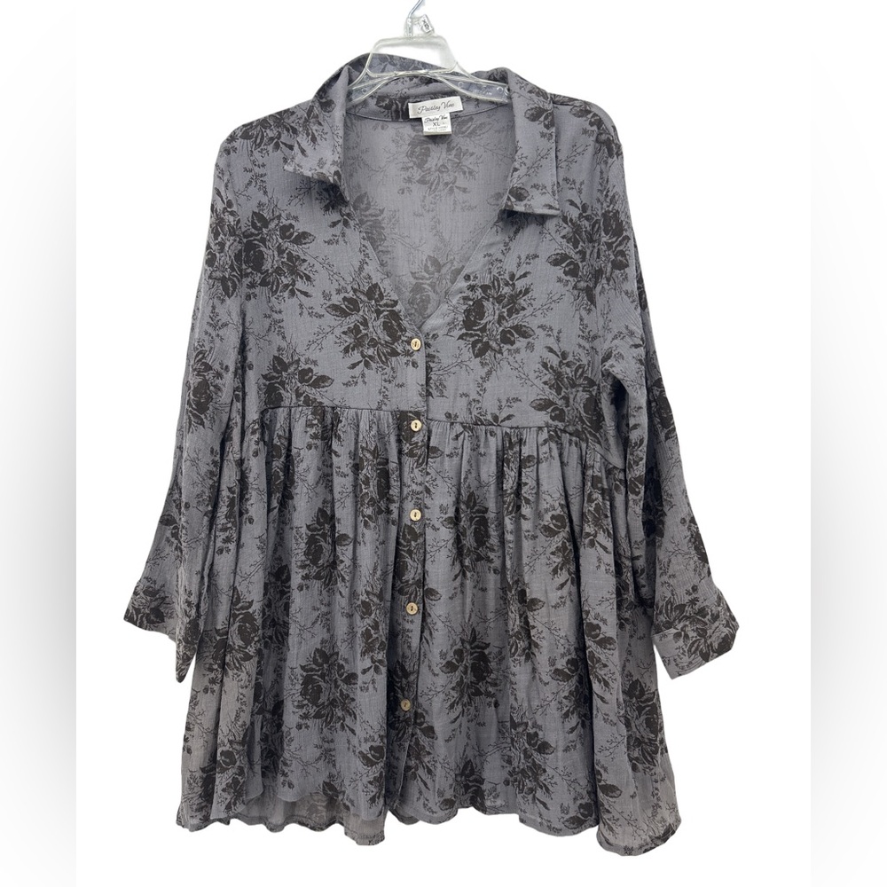Paisley Vine Elegant Gray Floral Button Up Blouse